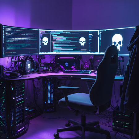 Cyberpunk gamer workspace with computer, headphones and mouse. 3d renderの素材