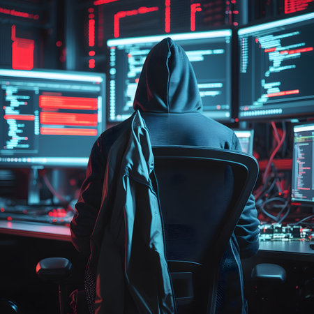 Hooded hacker in front of a computer monitor. Cybercrime concept.の素材