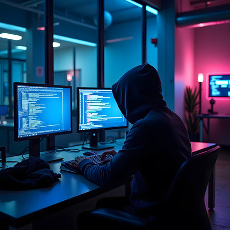 Hacker in a dark room with computer monitors. Cybercrime concept.の素材