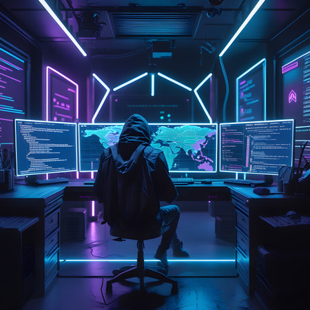 Hooded hacker sitting in front of a computer monitor in a dark room with neon lightsの素材