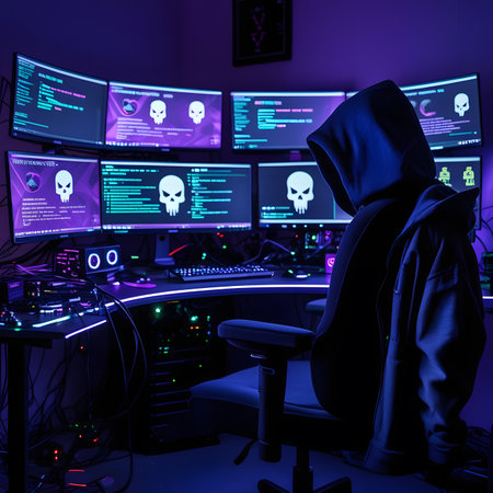 Hooded hacker sitting in front of computer monitors. 3D renderingの素材