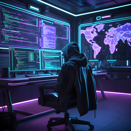Hooded hacker in a dark room with computers and world map. 3D Renderingの素材