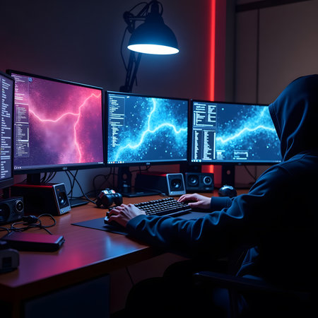 Hacker in a dark room with computer monitors and lighting effects.の素材
