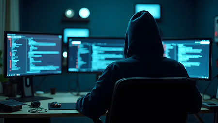 Hacker in hoodie sitting in front of computer monitors at nightの素材