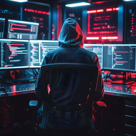 Hacker in a hood on the background of a computer room.の素材