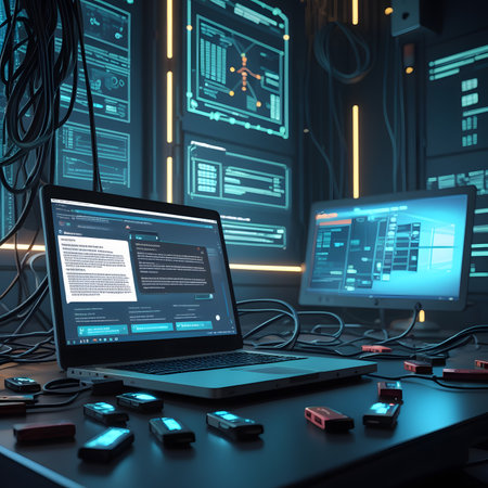 3D rendering of a computer with a user interface in the backgroundの素材