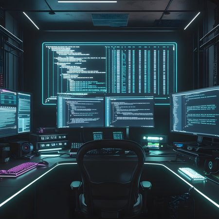 3d rendering of a server room with a lot of computer screensの素材
