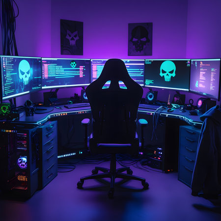Hooded hacker sitting in front of computer screens in dark room. 3D renderingの素材