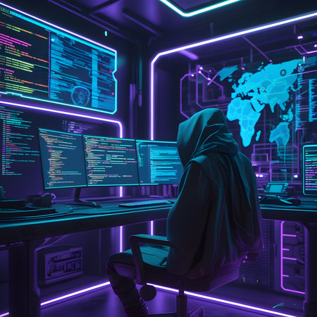 Hooded hacker in front of a computer screen. 3D rendering.の素材