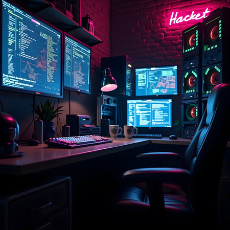Computer room with gamer workspace. 3D rendering. Neon lights.の素材