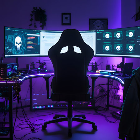 Hacker sitting in front of computer monitors. 3D rendering.の素材