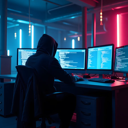 Hacker in hoodie stealing data from computer room. Cybercrime concept.の素材