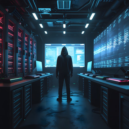 A hacker in a dark server room. 3d rendering toned image double exposureの素材