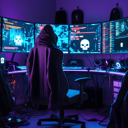 Silhouette of a hacker in a server room with binary codeの素材