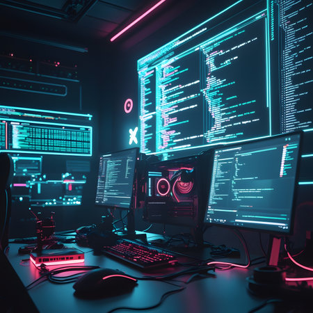 Modern computer room with neon lights. Programming concept. 3D Renderingの素材