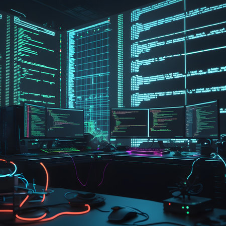 3d rendering of cyber security concept: computer room with binary codeの素材