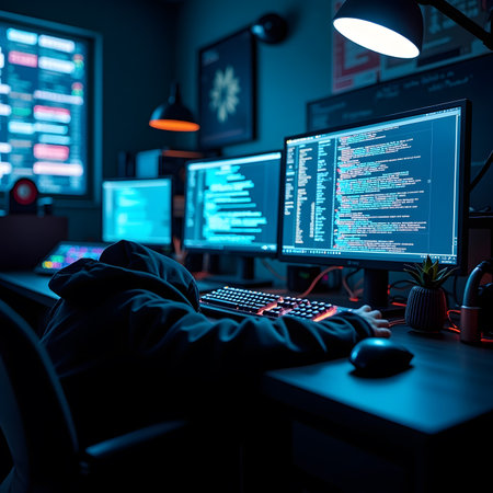 Hacker in a dark room with computers. Cybercrime concept.の素材