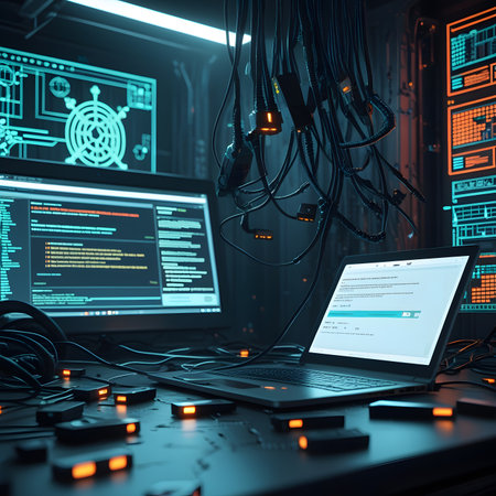 Dark server room with computers and servers. 3d rendering toned imageの素材