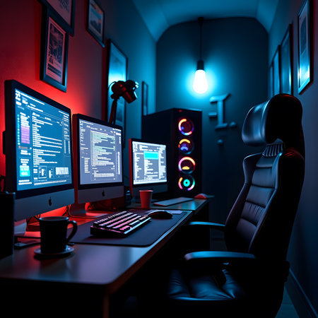 Professional gamer workspace with computers in dark room. 3D rendering.の素材