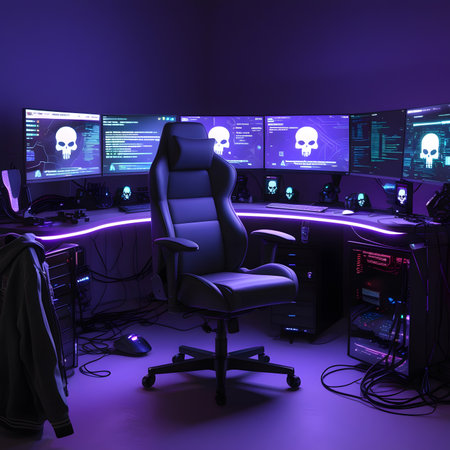 3D rendering of a gaming room with a chair and computers.の素材