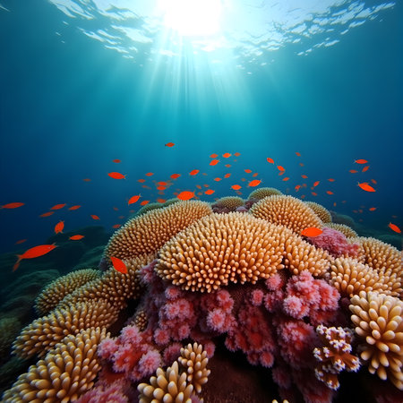 Tropical coral reef with fish and sunlight. Underwater landscape.の素材