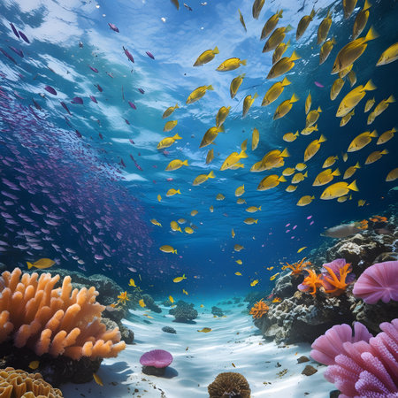 Underwater view of coral reef and tropical fish. 3d renderの素材
