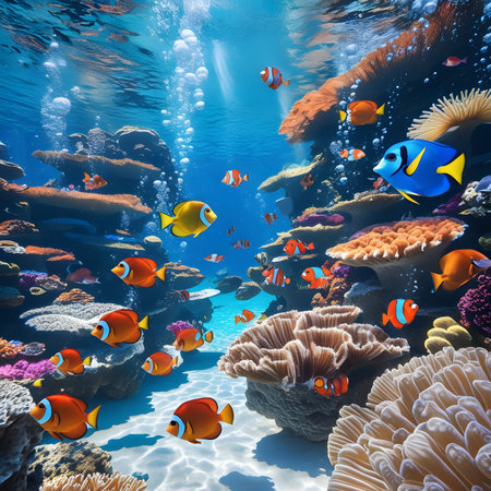 Underwater scene with coral reef and tropical fish. 3d renderの素材