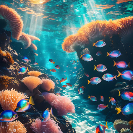 Underwater scene with coral reef and fishes. 3d render.の素材