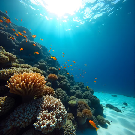 Tropical coral reef with fish and sunlight in the blue seaの素材