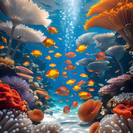Underwater scene with coral reef and tropical fish. 3d renderの素材