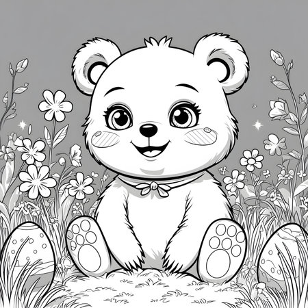Cute cartoon teddy bear sitting in the grass among the flowers.の素材
