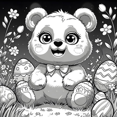 Cute cartoon panda with easter eggs on the meadowの素材