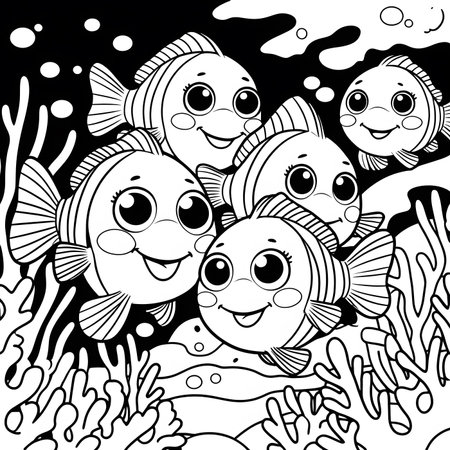 Black and white vector illustration of a group of cute cartoon fishes.の素材