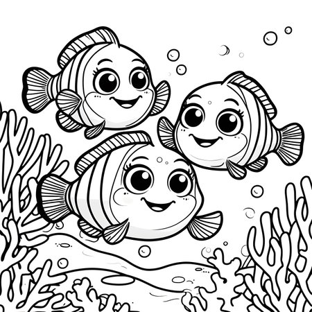 Coloring book for children: underwater world. Cute cartoon fishesの素材