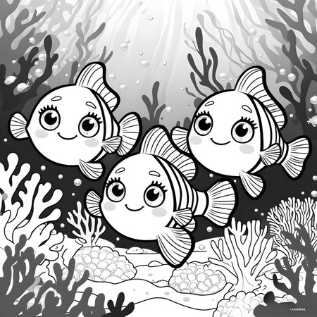 Cute fishes and corals. Underwater world. Vector illustration.の素材