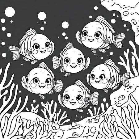 Cute cartoon fishes and corals on black background. Vector illustration.の素材