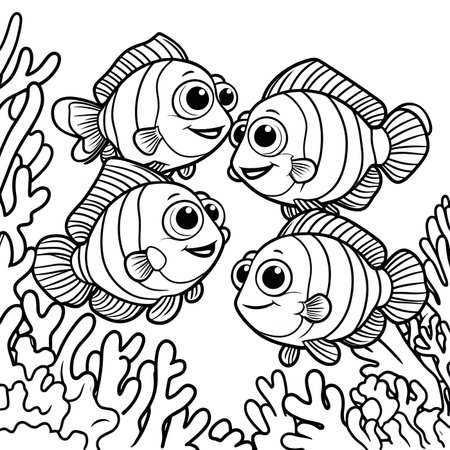 Black and White Cartoon Illustration of Tropical Fish Group Coloring Bookの素材