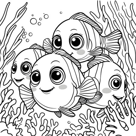 Cute cartoon fishes and corals. Vector illustration for coloring book.の素材