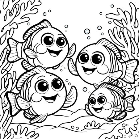 Black and White Cartoon Illustration of Cute Fish Animal Characters Group Coloring Bookの素材