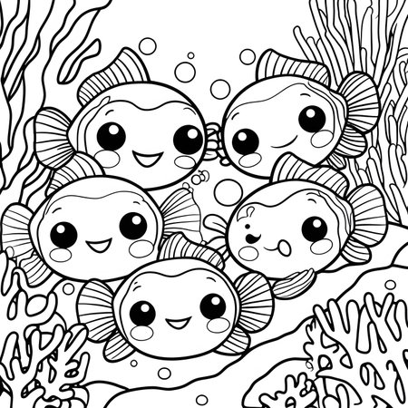 Coloring book for adult and older children. Coloring page with cute fishes and corals.の素材
