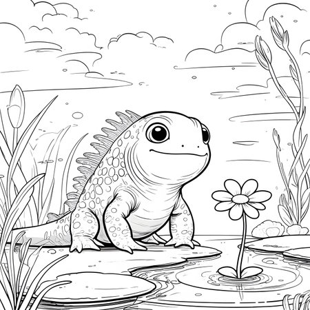 Coloring Page Outline Of a Cute Baby Lizard With Flowerの素材