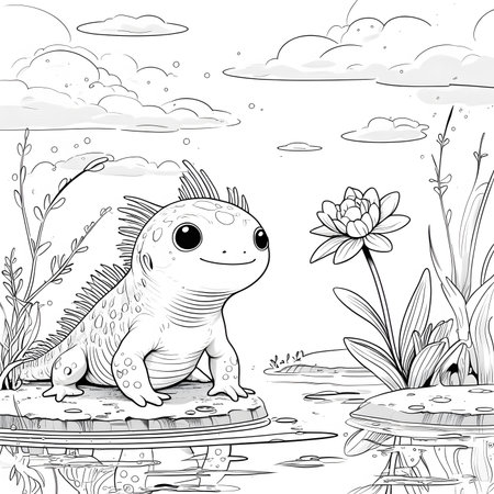 Cute cartoon dinosaur on the pond. Vector illustration for coloring book.の素材