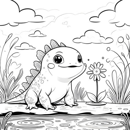 Cute baby dinosaur in the garden. Black and white vector illustration for coloring bookの素材