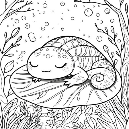 Cute cartoon snail sleeping in the forest. Adult anti stress coloring page.の素材