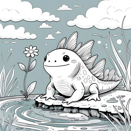 Cute cartoon stegosaurus sitting on a log in the waterの素材