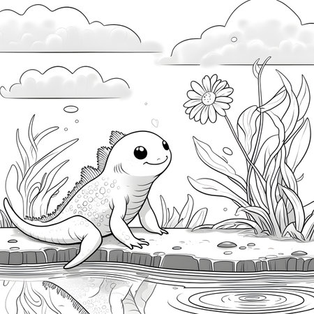 Dinosaur with flower. Black and white illustration for coloring book.の素材