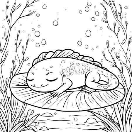 Coloring book for children: a lizard sleeping on a rock in the waterの素材