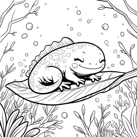 Cute cartoon chameleon on the leaf. Coloring book page for adults.の素材