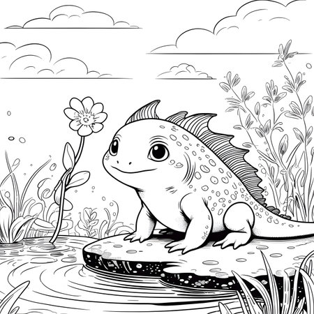 Cute cartoon iguana on the rock. Vector illustration for coloring book.の素材