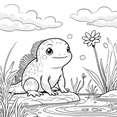 Coloring Page Outline Of Cute Chameleon With Flowersの素材